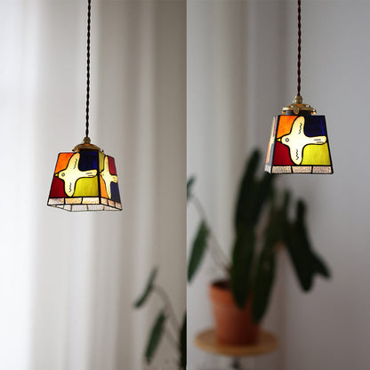 Traditional Vintage Square Peace Dove Copper Glass 1-Light Pendant Light For Living Room