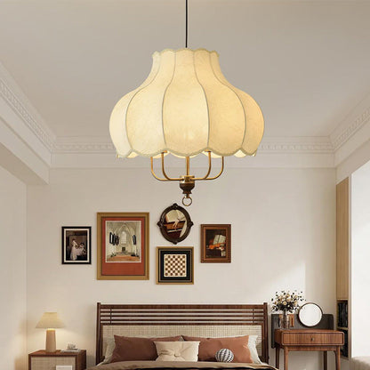 Traditional French Round Flower Shape Solid Wood Iron Frame Fabric 4/5 Light Pendant Light For Living Room
