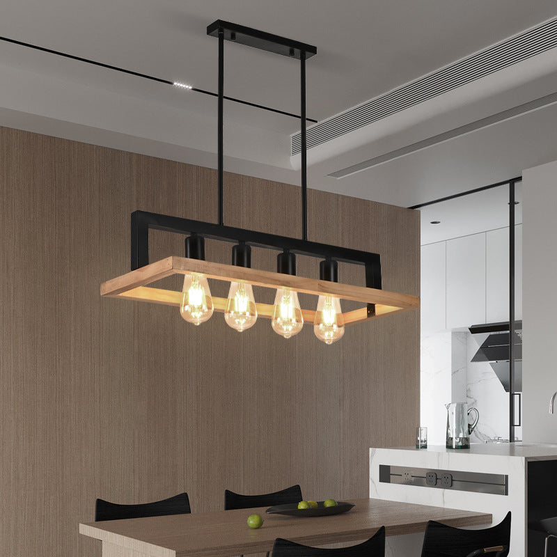 Modern Minimalist Rectangle Wood Iron 4-Light Island Light Chandelier For Dining Room