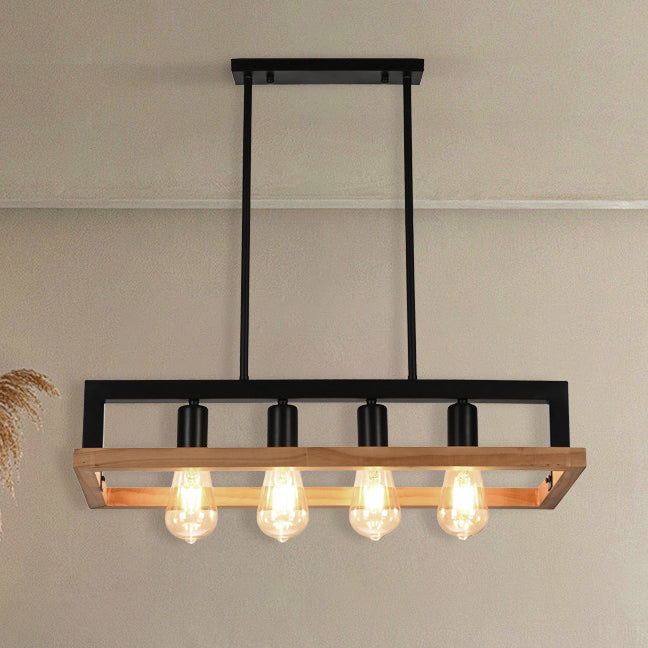 Modern Minimalist Rectangle Wood Iron 4-Light Island Light Chandelier For Dining Room