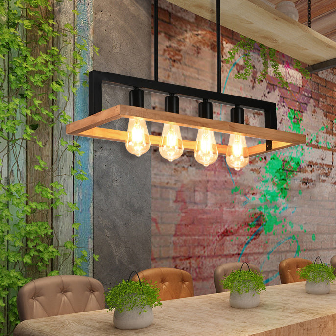 Modern Minimalist Rectangle Wood Iron 4-Light Island Light Chandelier For Dining Room
