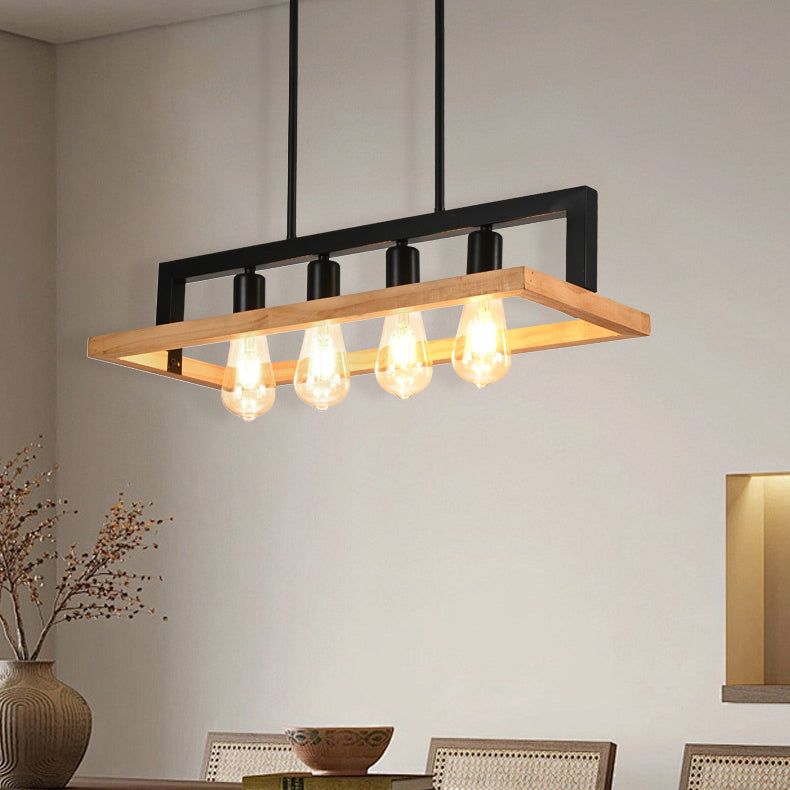 Modern Minimalist Rectangle Wood Iron 4-Light Island Light Chandelier For Dining Room
