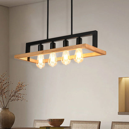 Modern Minimalist Rectangle Wood Iron 4-Light Island Light Chandelier For Dining Room
