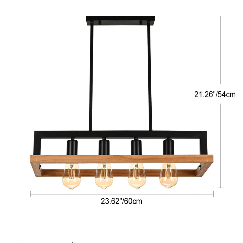 Modern Minimalist Rectangle Wood Iron 4-Light Island Light Chandelier For Dining Room