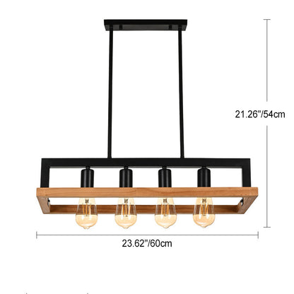 Modern Minimalist Rectangle Wood Iron 4-Light Island Light Chandelier For Dining Room