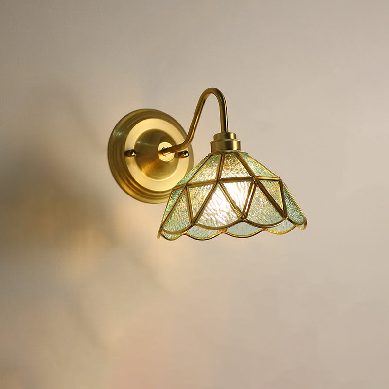 Traditional Vintage Domed Cylinder Flower Copper Iron Glass 1-Light Wall Sconce Lamp For Living Room