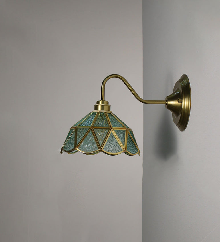 Traditional Vintage Domed Cylinder Flower Copper Iron Glass 1-Light Wall Sconce Lamp For Living Room