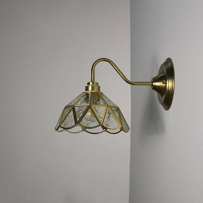 Traditional Vintage Domed Cylinder Flower Copper Iron Glass 1-Light Wall Sconce Lamp For Living Room
