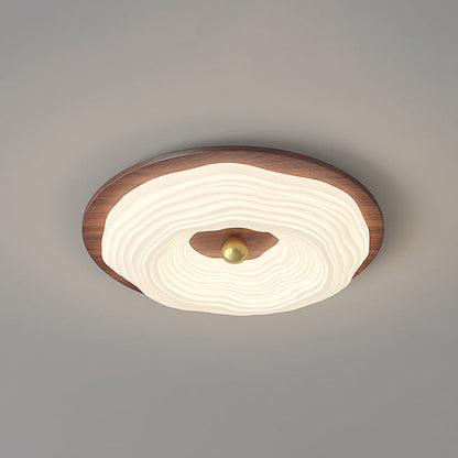 Contemporary Retro Round Cloudy Iron Solid Wood PE Shade LED Flush Mount Ceiling Light For Bedroom