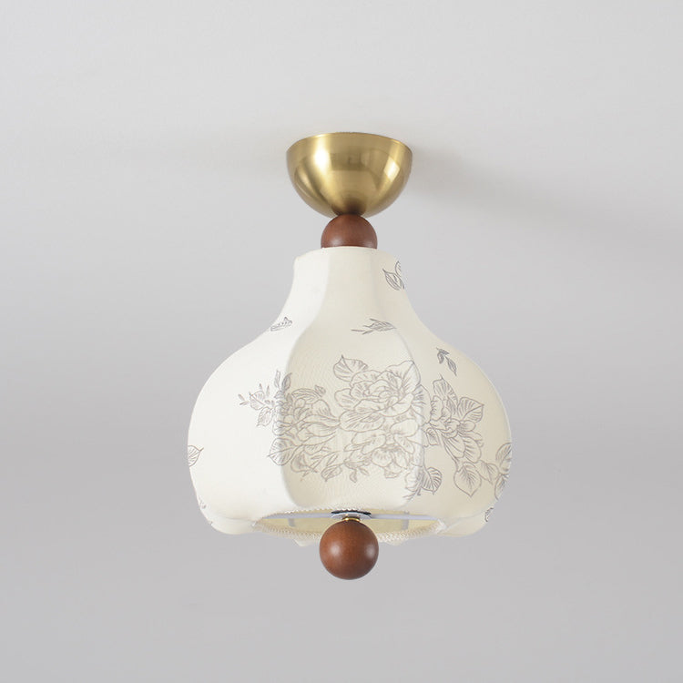 Traditional Vintage Domed Floral Printed Iron Wood Fabric 1-Light Semi-Flush Mount Ceiling Light For Living Room