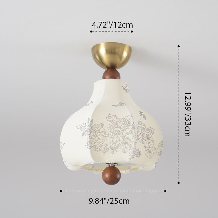 Traditional Vintage Domed Floral Printed Iron Wood Fabric 1-Light Semi-Flush Mount Ceiling Light For Living Room