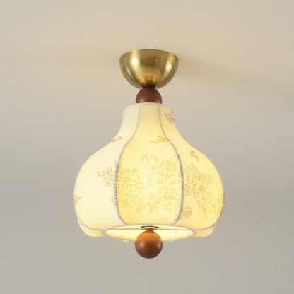 Traditional Vintage Domed Floral Printed Iron Wood Fabric 1-Light Semi-Flush Mount Ceiling Light For Living Room