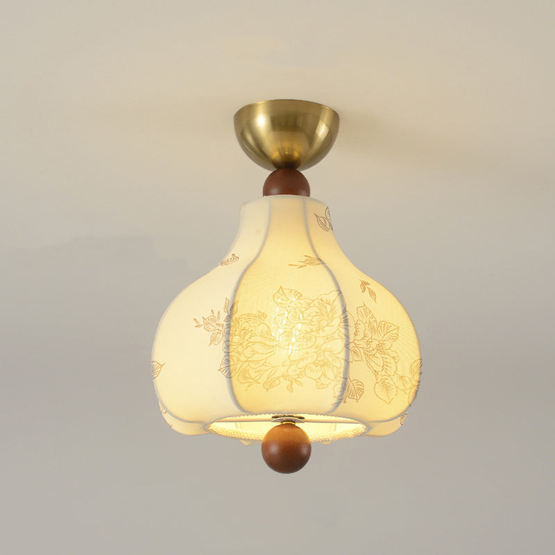 Traditional Vintage Domed Floral Printed Iron Wood Fabric 1-Light Semi-Flush Mount Ceiling Light For Living Room