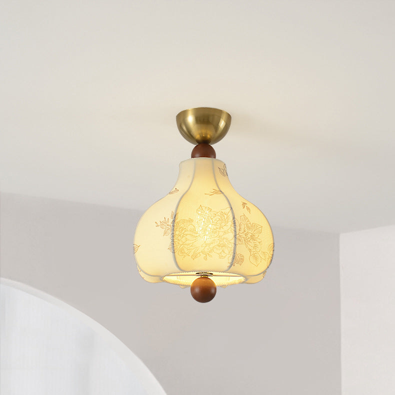 Traditional Vintage Domed Floral Printed Iron Wood Fabric 1-Light Semi-Flush Mount Ceiling Light For Living Room
