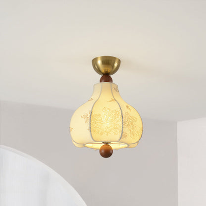 Traditional Vintage Domed Floral Printed Iron Wood Fabric 1-Light Semi-Flush Mount Ceiling Light For Living Room
