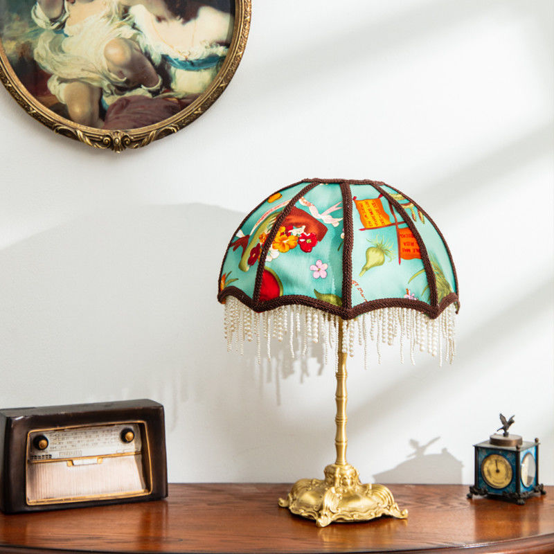 Traditional Vintage Dome Half Round Pearl Tassel Full Copper Fabric 1-Light Table Lamp For Bedroom