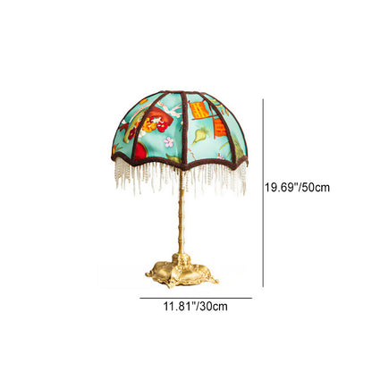 Traditional Vintage Dome Half Round Pearl Tassel Full Copper Fabric 1-Light Table Lamp For Bedroom