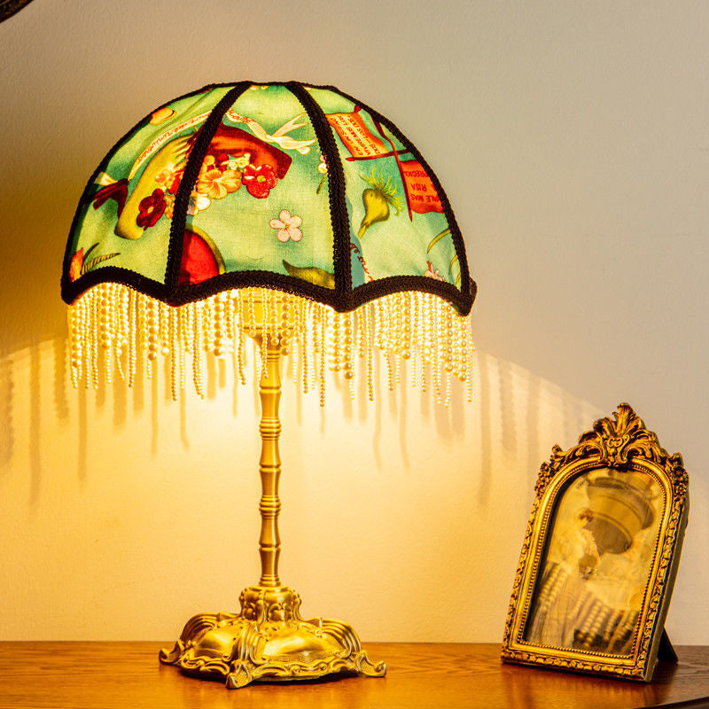 Traditional Vintage Dome Half Round Pearl Tassel Full Copper Fabric 1-Light Table Lamp For Bedroom