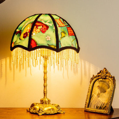Traditional Vintage Dome Half Round Pearl Tassel Full Copper Fabric 1-Light Table Lamp For Bedroom