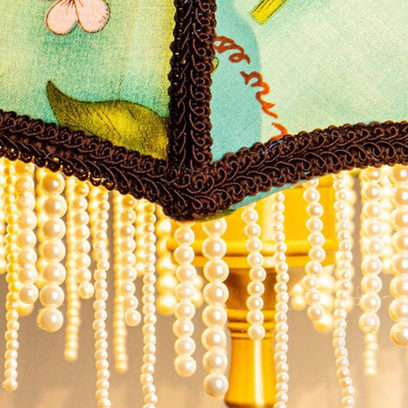 Traditional Vintage Dome Half Round Pearl Tassel Full Copper Fabric 1-Light Table Lamp For Bedroom