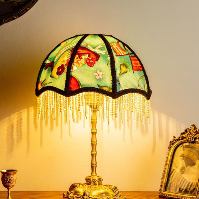 Traditional Vintage Dome Half Round Pearl Tassel Full Copper Fabric 1-Light Table Lamp For Bedroom