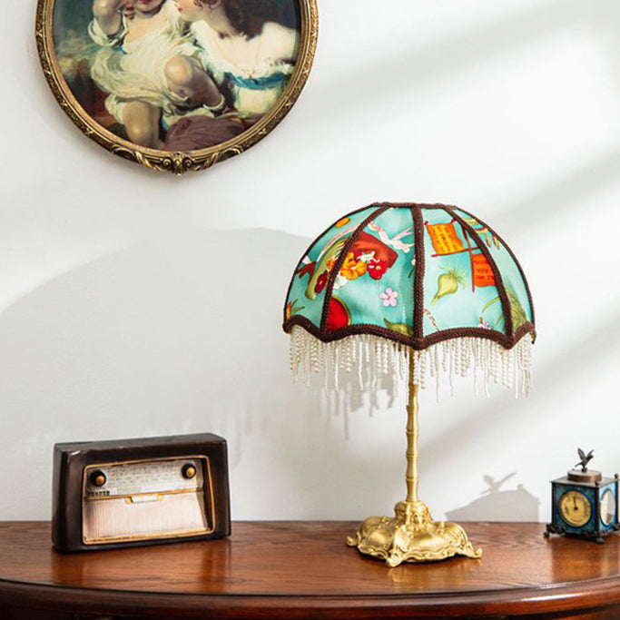 Traditional Vintage Dome Half Round Pearl Tassel Full Copper Fabric 1-Light Table Lamp For Bedroom