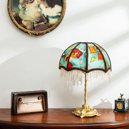 Traditional Vintage Dome Half Round Pearl Tassel Full Copper Fabric 1-Light Table Lamp For Bedroom