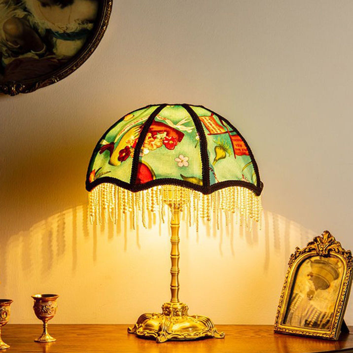 Traditional Vintage Dome Half Round Pearl Tassel Full Copper Fabric 1-Light Table Lamp For Bedroom