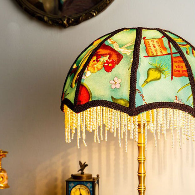 Traditional Vintage Dome Half Round Pearl Tassel Full Copper Fabric 1-Light Table Lamp For Bedroom