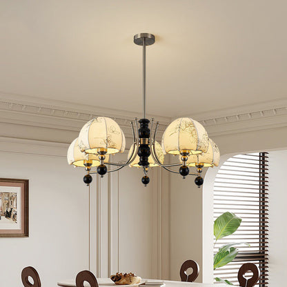 Traditional French Branch Curved Rod Dome Rubber Wood Iron Frame Fabric Shade 3/5/6/8 Light Chandelier For Living Room
