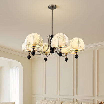 Traditional French Branch Curved Rod Dome Rubber Wood Iron Frame Fabric Shade 3/5/6/8 Light Chandelier For Living Room