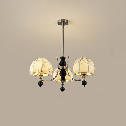 Traditional French Branch Curved Rod Dome Rubber Wood Iron Frame Fabric Shade 3/5/6/8 Light Chandelier For Living Room