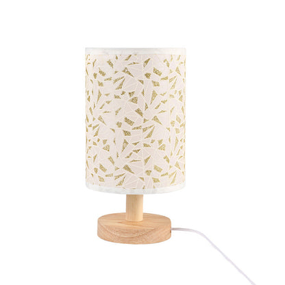 Modern Art Deco Cylindrical Wooden Base Fabric Shade LED Table Lamp For Bedroom