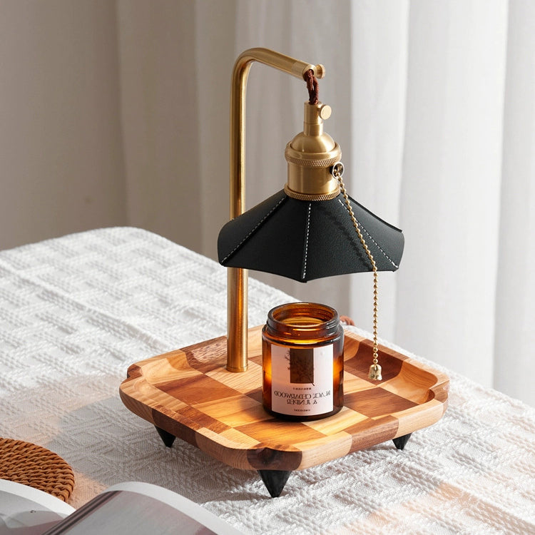 Contemporary Retro Hexagonal Umbrella Shape Wooden Base Brass Leather Shade 1-Light Aroma Melting Wax Table Lamp For Bedroom