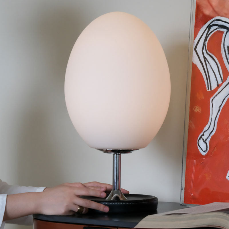 Modern Minimalist Egg Shape Metal Leather Base Glass Shade LED Table Lamp For Bedroom