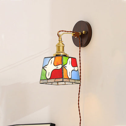 Traditional Tiffany Peace Dove Square Stained Glass Copper Wood 1-Light Wall Sconce Lamp For Living Room