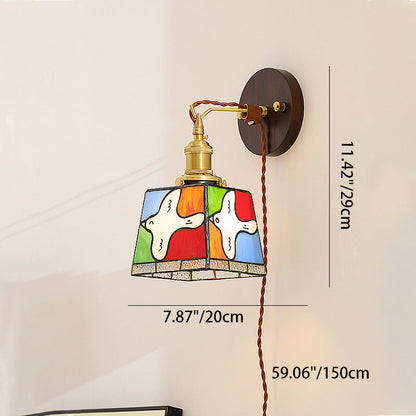 Traditional Tiffany Peace Dove Square Stained Glass Copper Wood 1-Light Wall Sconce Lamp For Living Room