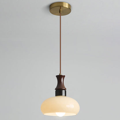 Traditional Vintage Round Oval Glass Shade Wood 1-Light Pendant Light For Living Room