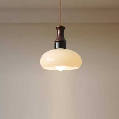 Traditional Vintage Round Oval Glass Shade Wood 1-Light Pendant Light For Living Room