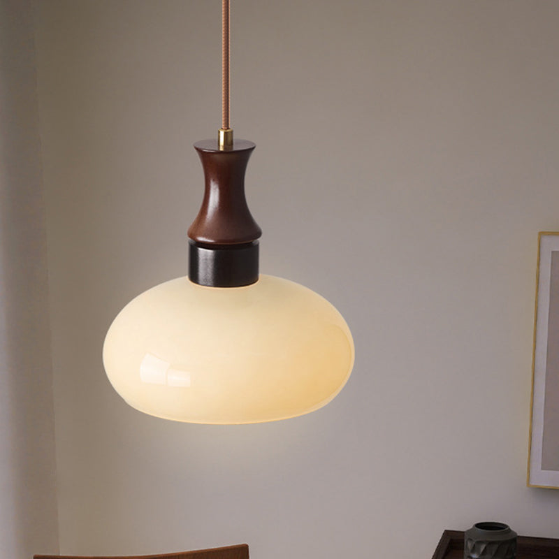 Traditional Vintage Round Oval Glass Shade Wood 1-Light Pendant Light For Living Room