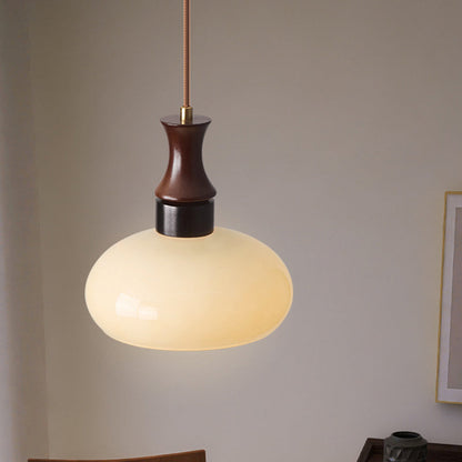 Traditional Vintage Round Oval Glass Shade Wood 1-Light Pendant Light For Living Room