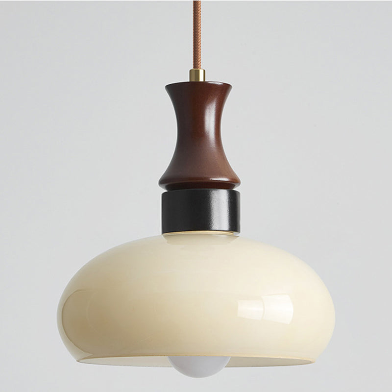 Traditional Vintage Round Oval Glass Shade Wood 1-Light Pendant Light For Living Room