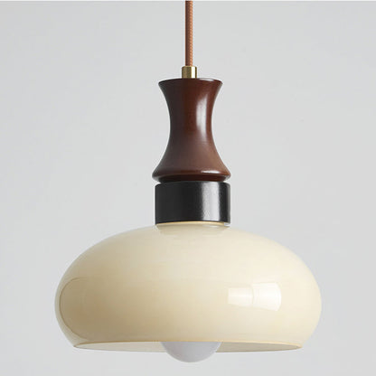 Traditional Vintage Round Oval Glass Shade Wood 1-Light Pendant Light For Living Room