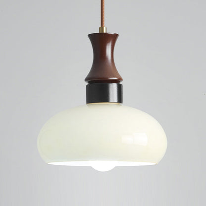 Traditional Vintage Round Oval Glass Shade Wood 1-Light Pendant Light For Living Room