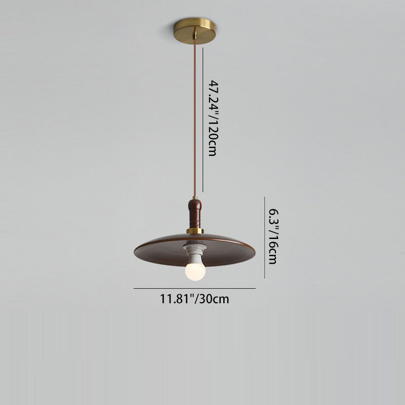 Traditional Vintage Round Disc Iron Wood Shade 1-Light Pendant Light For Living Room