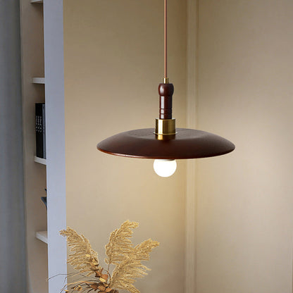 Traditional Vintage Round Disc Iron Wood Shade 1-Light Pendant Light For Living Room