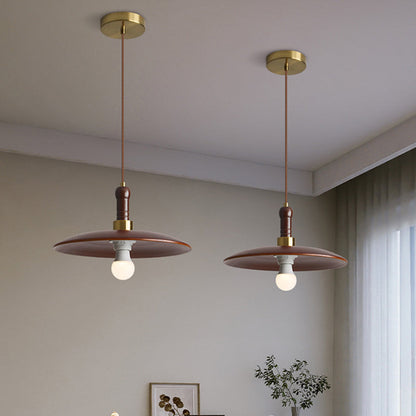 Traditional Vintage Round Disc Iron Wood Shade 1-Light Pendant Light For Living Room