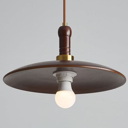 Traditional Vintage Round Disc Iron Wood Shade 1-Light Pendant Light For Living Room