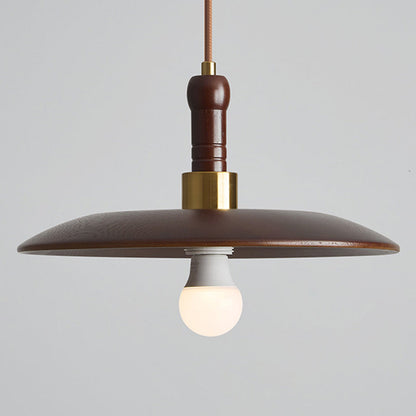Traditional Vintage Round Disc Iron Wood Shade 1-Light Pendant Light For Living Room