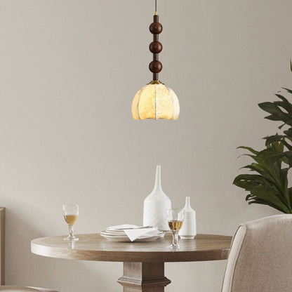 Traditional Vintage Dome Round Beads Floral Fabric Shade Wood Hardware Frame 1-Light Pendant Light For Living Room